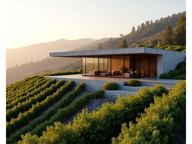 Modern vineyard villa with extensive solar array and green roof, certified LEED Platinum