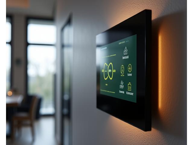 Sleek smart home control panel displaying energy consumption, climate settings, and integrated green systems.