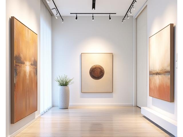 A private art gallery within a luxury residence, showcasing valuable sculptures and paintings under professional, museum-quality lighting.