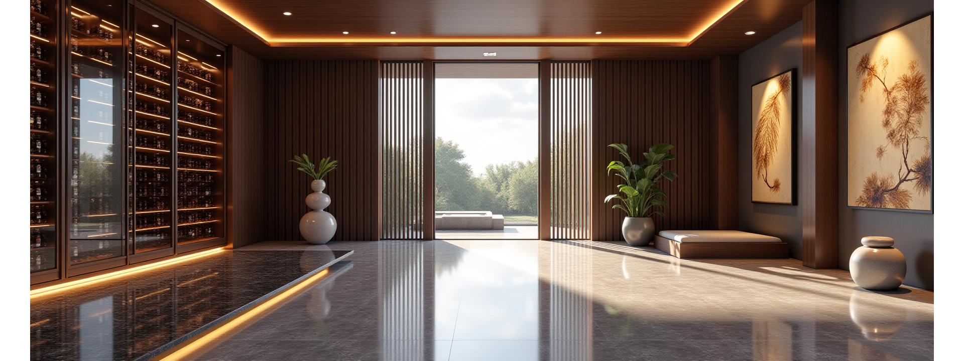 Stunning interior of a luxury home featuring a bespoke art gallery, a sophisticated wine cellar, and a serene spa area, illuminated by soft, inviting light.