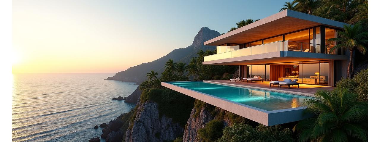 Architecturally significant villa featuring a multi-layered design and infinity pool against a tropical backdrop.
