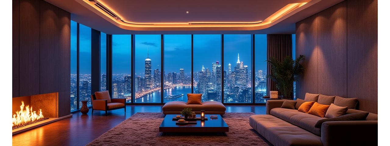 Elegant penthouse interior featuring a double-height living room and sophisticated decor with city lights visible outside.