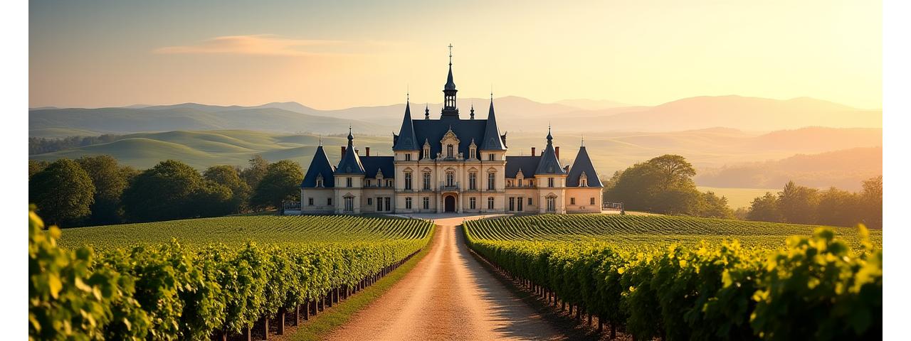 Historic château nestled in a sprawling vineyard, bathed in golden afternoon light.
