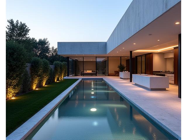 A contemporary estate with sleek lines, an expansive deck that flows into a state-of-the-art outdoor kitchen and a heated lap pool surrounded by minimalist landscaping and architectural lighting.