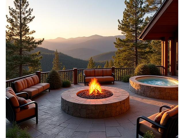 A luxury mountain lodge property with a sprawling outdoor entertainment area, including a large natural stone fire pit, a hot tub, and comfortable seating, all with panoramic views of the forested landscape.