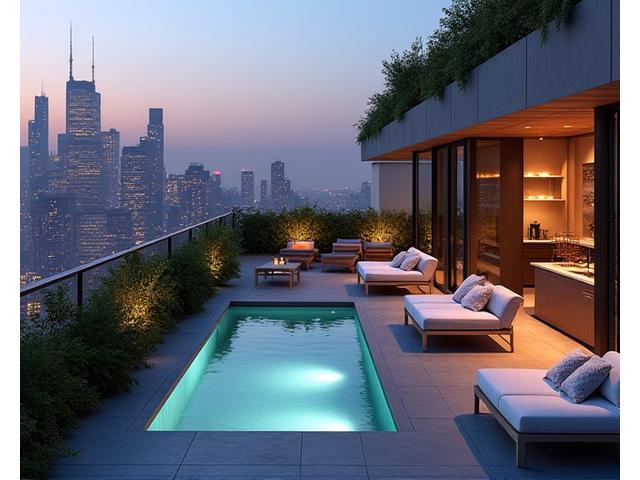 A sprawling city penthouse terrace with panoramic skyline views, featuring a plunge pool, a fully equipped outdoor kitchen, and chic lounge seating, all impeccably designed for high-rise entertaining.