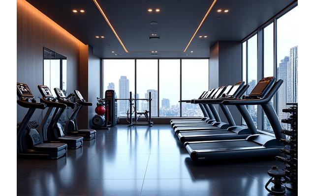 Modern fitness center with high-end equipment and city view
