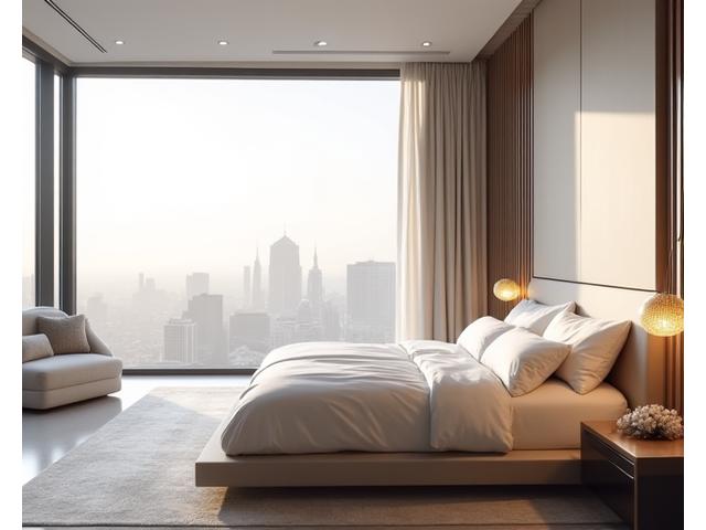 Sleek penthouse bedroom with expansive windows