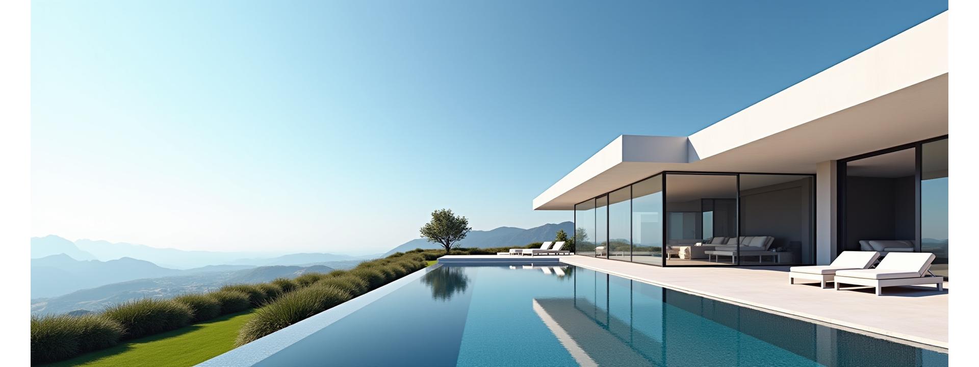 Stunning modern villa exterior with expansive glass facades and infinity pool.