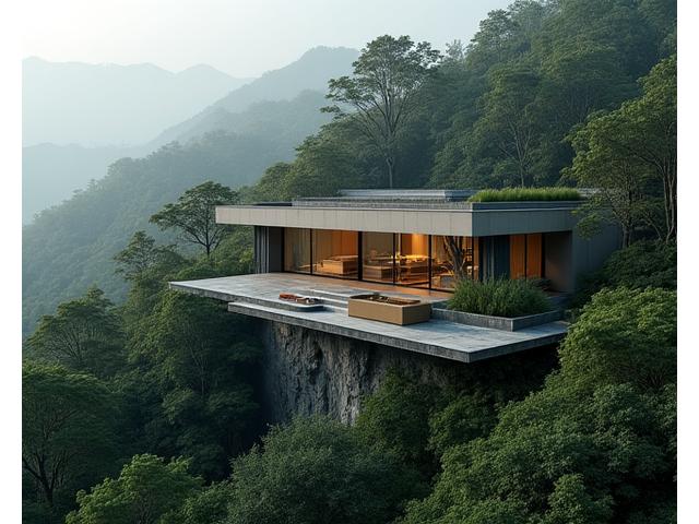 Secluded modern villa nestled in a dense forest, visible only through a private, secured entry road