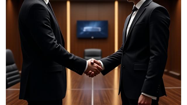 Two impeccably dressed individuals shaking hands across a polished conference table in a private, minimalist setting, conveying discretion